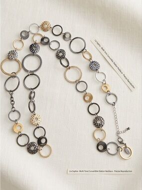 Lia Sophia Tri Tone Metal Circle Ring Long Station Necklace Convertible